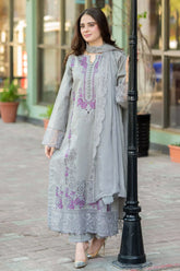 LIBAAS - 3PC DHANAK EMBROIDERED SHIRT WITH DHANAK EMBROIDERED SHAWL AND TROUSER - HZU2493